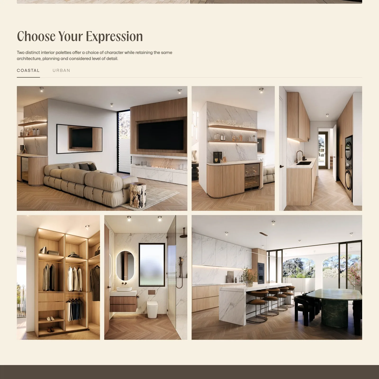 The Choose Your Expression section, presenting the two interior palettes as a gallery of material and lighting detail.