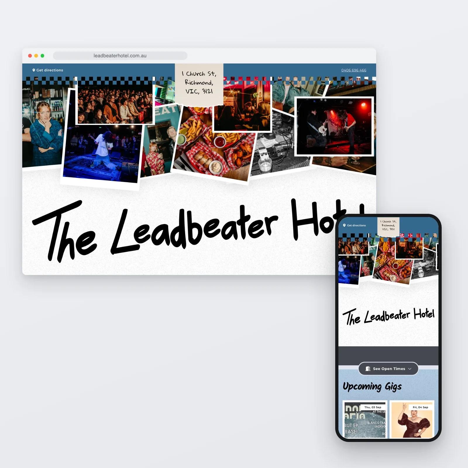 The Leadbeater Hotel homepage shown on a desktop browser and a phone, with the hand-drawn wordmark over a collage of gig photography, the phone open on Upcoming Gigs.