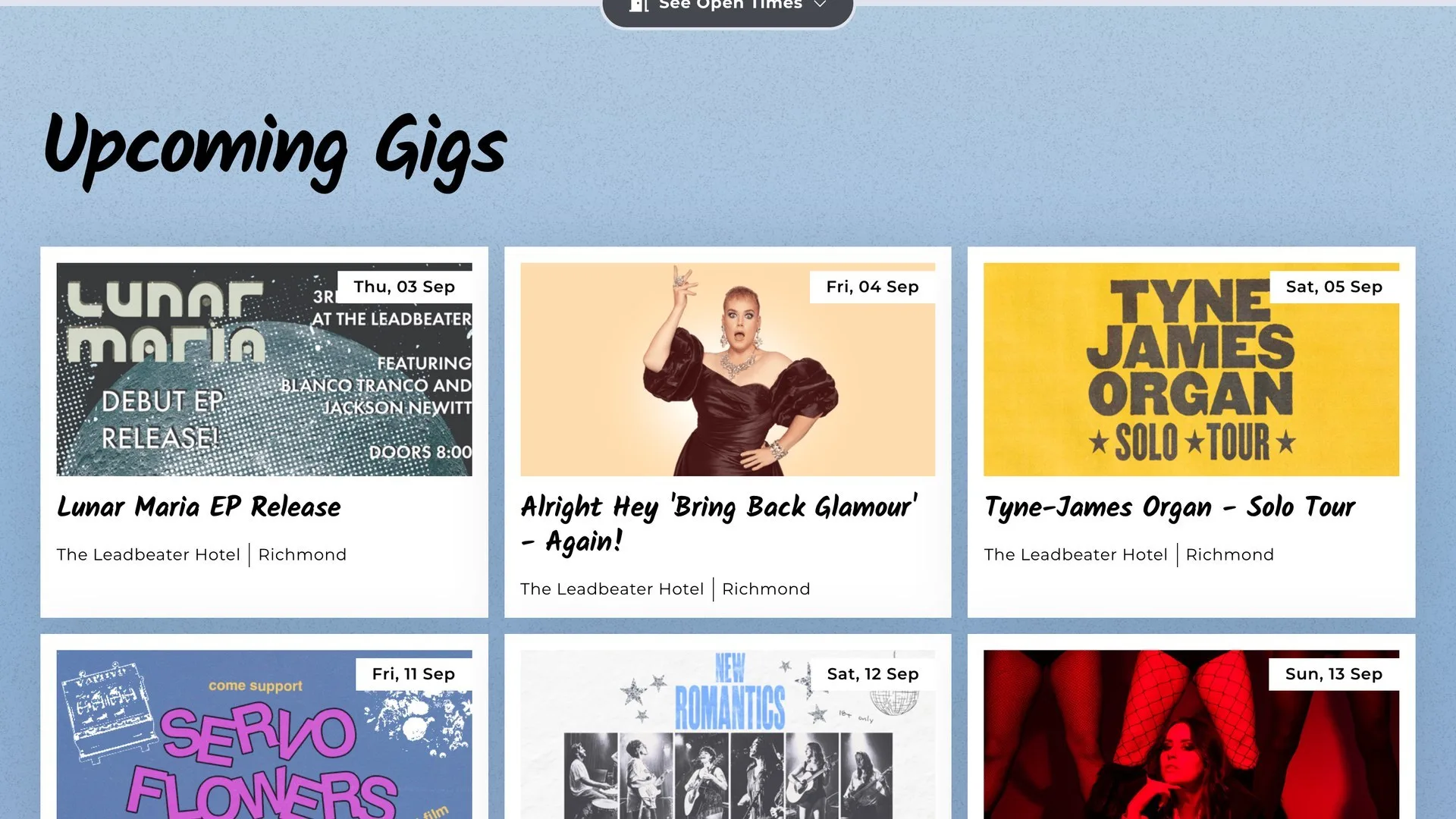 The Upcoming Gigs section, a grid of event cards fed live from Oztix, each with artwork, a date block and the event name.