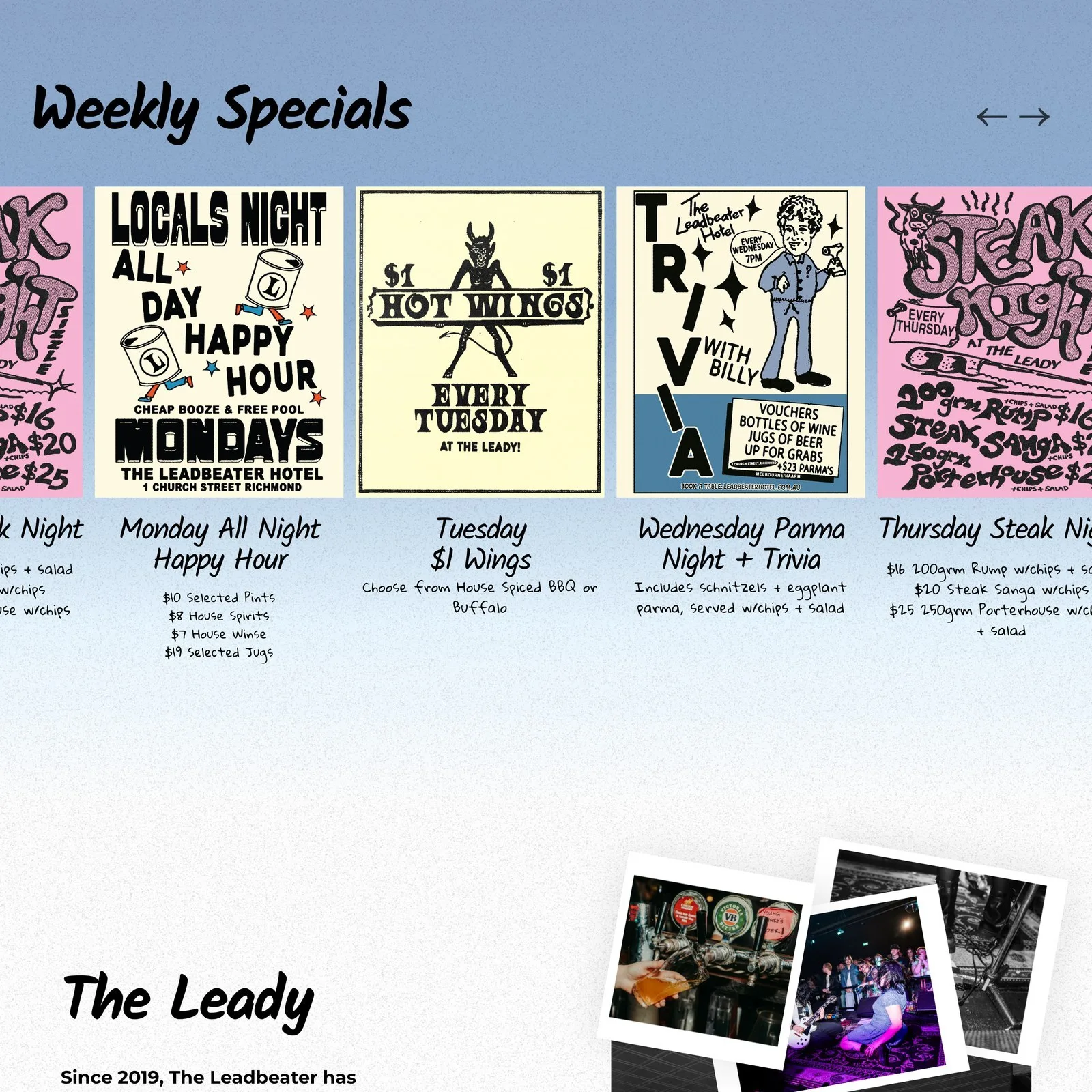 The weekly specials section, with cards for Monday happy hour, Tuesday wings, Wednesday parma night and Thursday steak night.