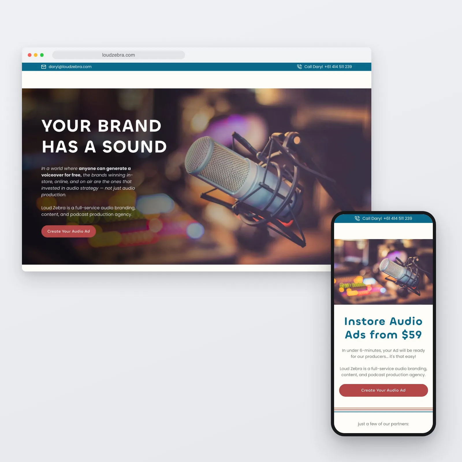 The Loud Zebra homepage shown on a desktop browser and a phone, headed "Your brand has a sound" with a row of household-name client logos beneath.