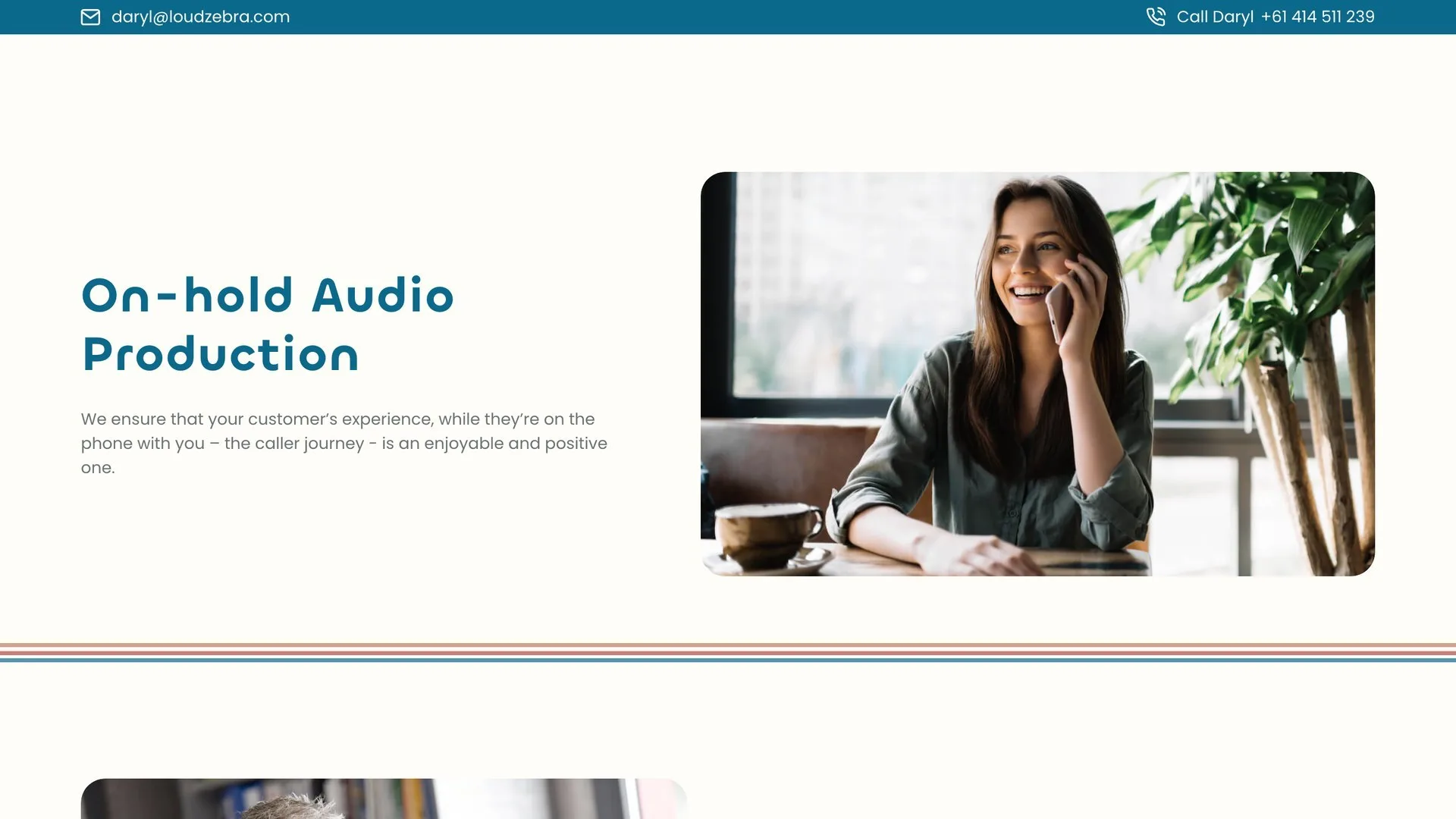 The on-hold audio service page, opening on the caller-journey promise in the studio’s teal and cream branding.