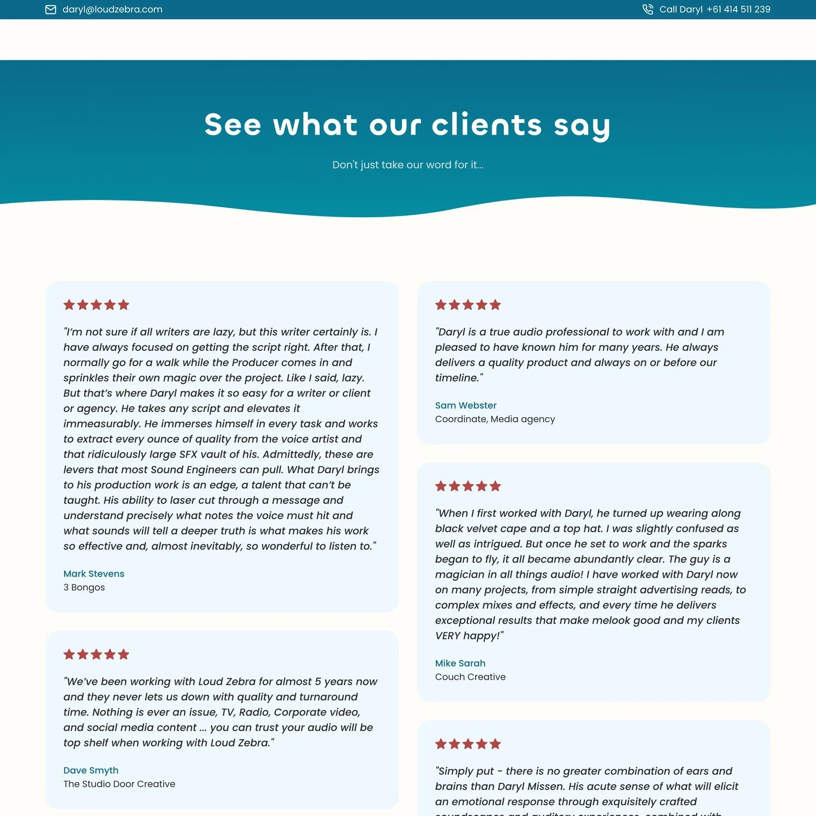 The testimonials section, with quotes from podcast hosts and production clients.