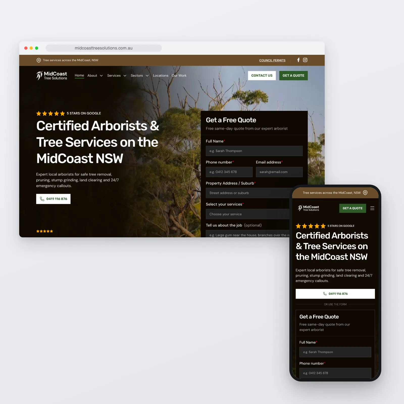 The MidCoast Tree Solutions homepage on a desktop browser and a phone. A brown top bar reads Tree services across the MidCoast, NSW. Below it, the white gum-leaf logo sits over a dark photograph of eucalypts, with the site’s headline, a click-to-call phone button and the quote form alongside.