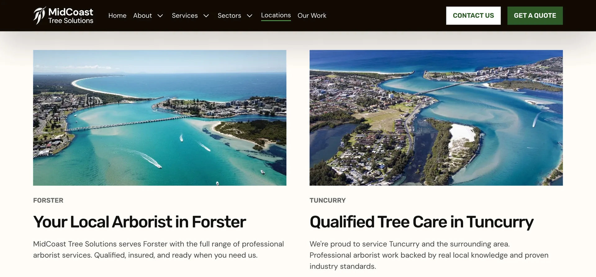 The top of the MidCoast Tree Solutions locations page under the site header: aerial photographs of Forster and Tuncurry, each above the town name, a heading (Your Local Arborist in Forster, Qualified Tree Care in Tuncurry) and a short local introduction.