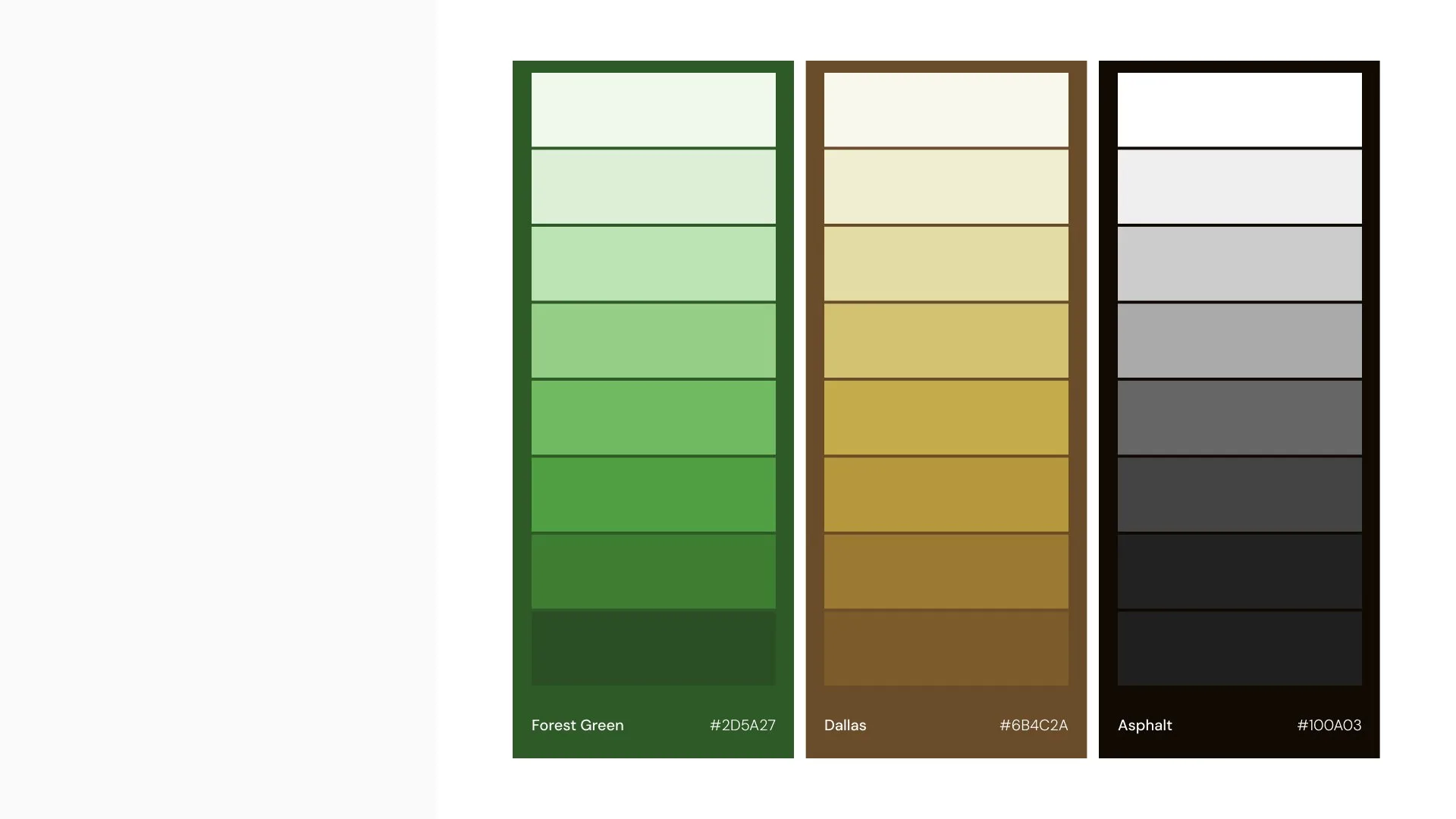The style guide’s colour palette page: tint and shade strips for Forest Green #2D5A27, Dallas #6B4C2A and Asphalt #100A03.