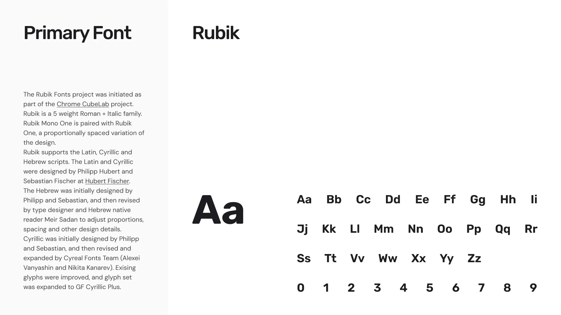 The style guide page Primary Font: Rubik, shown as a large Aa beside the alphabet and numerals.