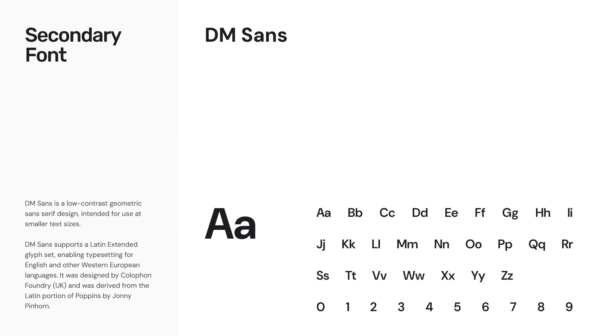 The style guide page Secondary Font: DM Sans, shown as a large Aa beside the alphabet and numerals.