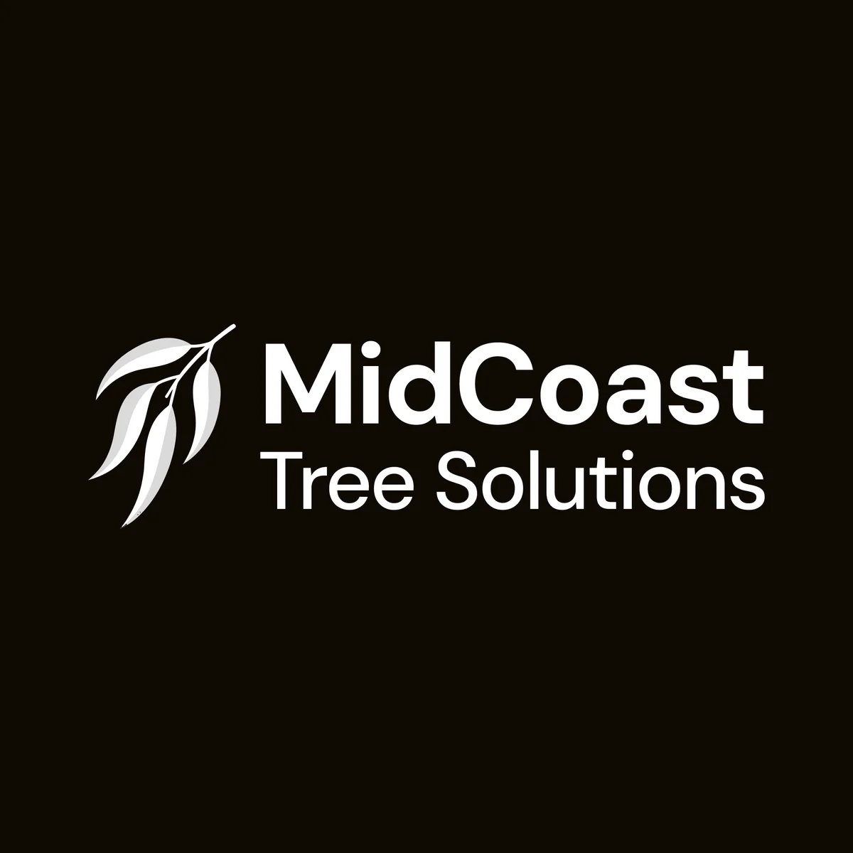 The MidCoast Tree Solutions logo reversed out on a warm near-black square: the gum-leaf sprig in white and pale grey beside the wordmark in white.