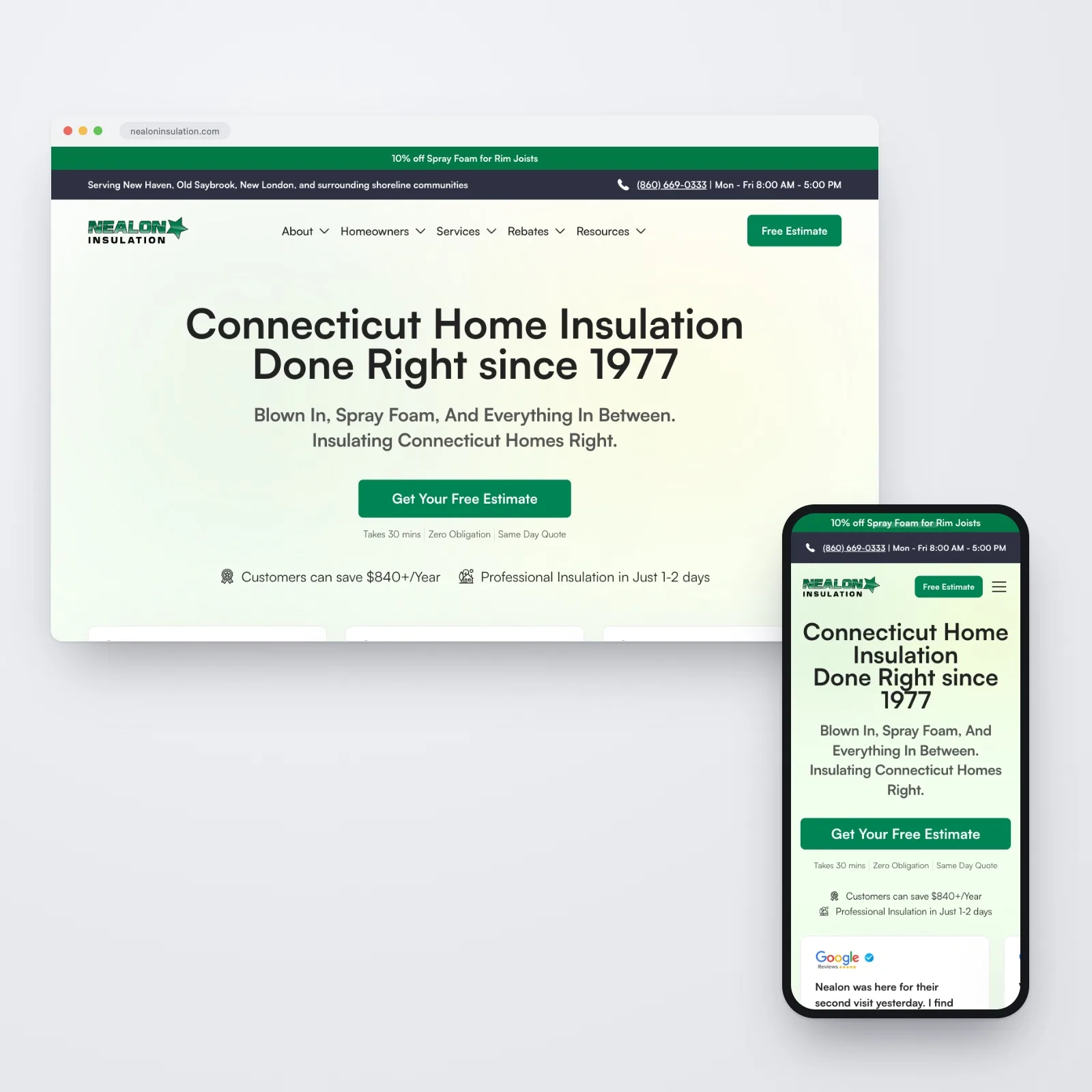 The Nealon Insulation website shown together on desktop and mobile — the homepage in a browser window headed "Connecticut Home Insulation Done Right since 1977" with its green Get Your Free Estimate button, and the responsive mobile homepage on a phone in front.
