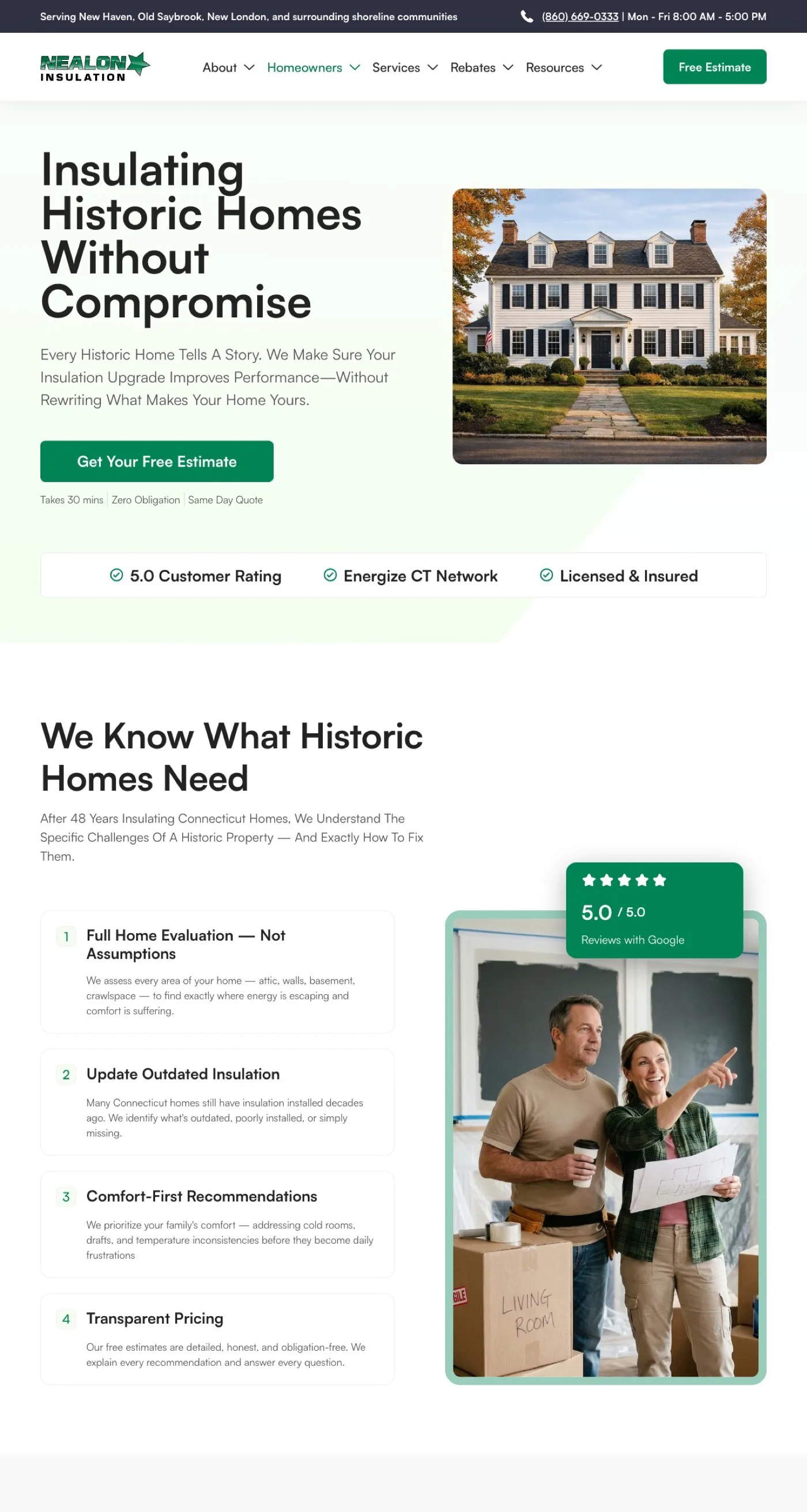 The Nealon Insulation historic-homes page — "Insulating Historic Homes Without Compromise" above the We Know What Historic Homes Need checklist and a 5.0 Google-reviews badge.