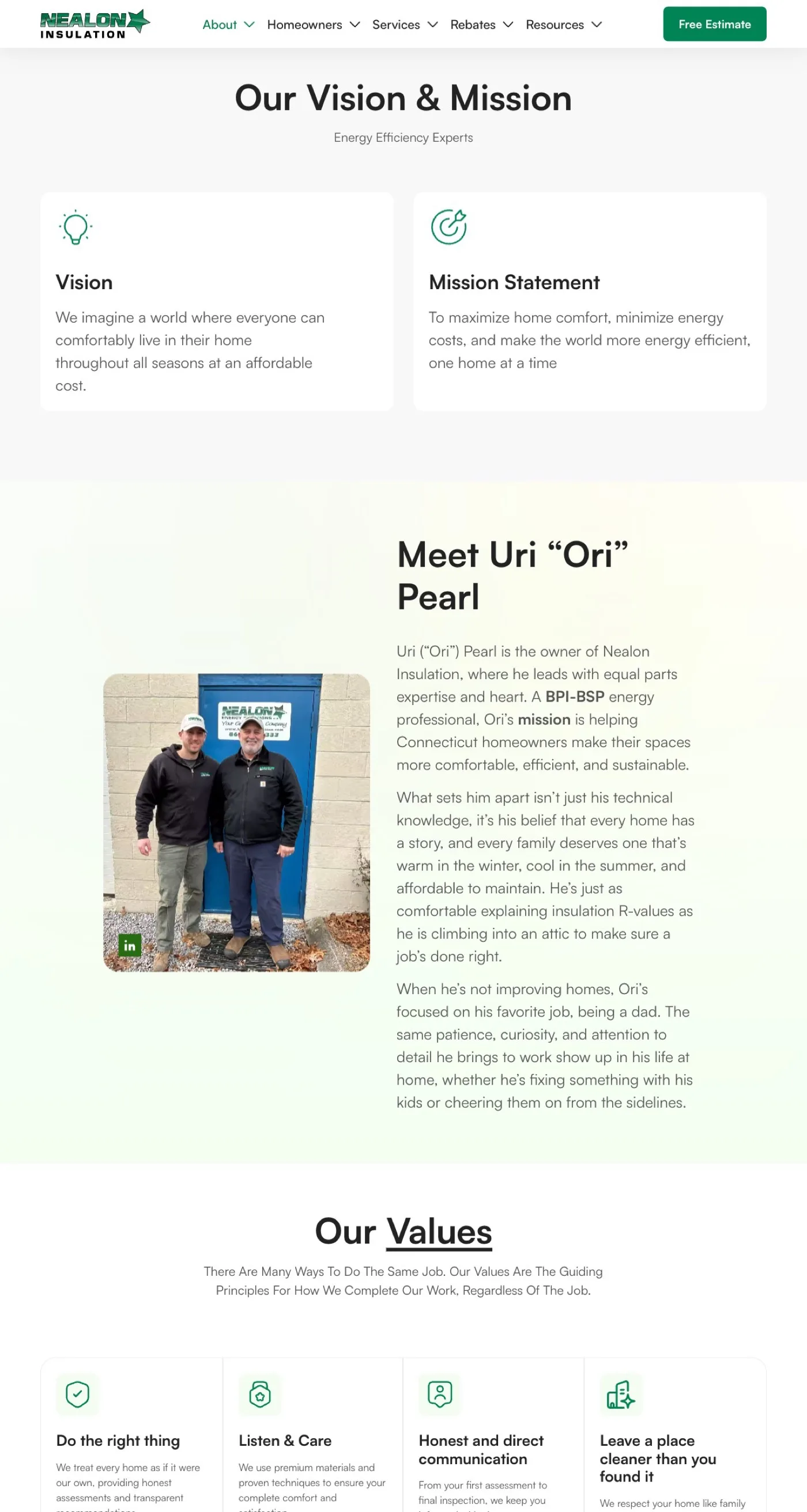 The Nealon Insulation About Us page mid-scroll, showing the Our Vision & Mission section of the 49-year family business.