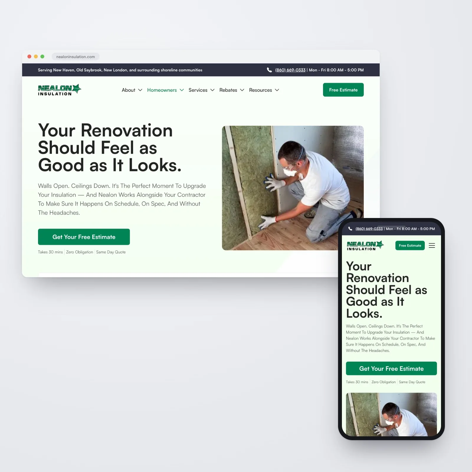 The Nealon Insulation renovation page shown together on desktop and mobile — "Your Renovation Should Feel as Good as It Looks." beside a photo of an installer fitting wall insulation, with the responsive mobile page on a phone in front.