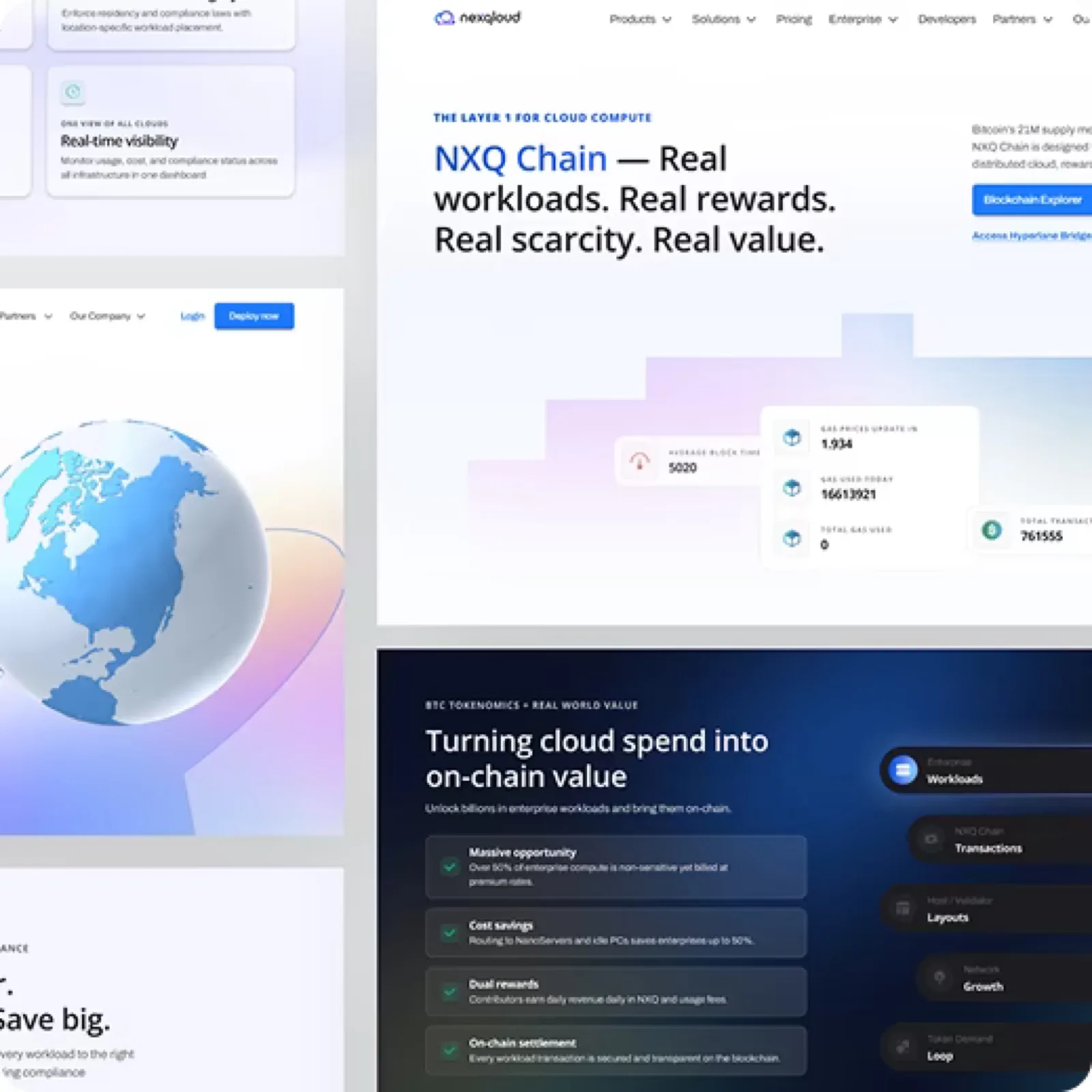 Angled composite of NexQloud product sections showing the platform feature layout and the supporting explanatory content.