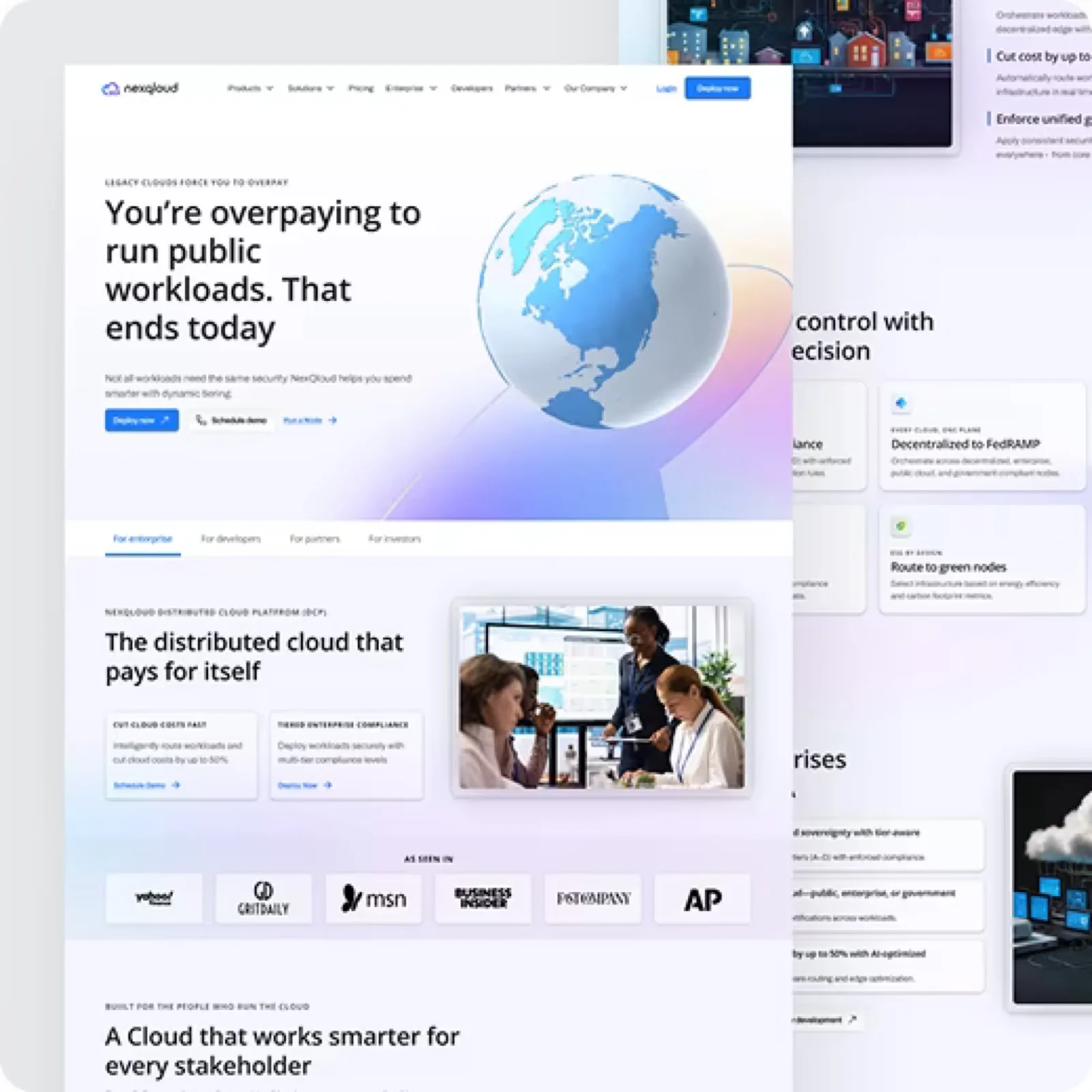 Angled composite of further NexQloud pages including the NXQ Token page and its live metrics presentation.