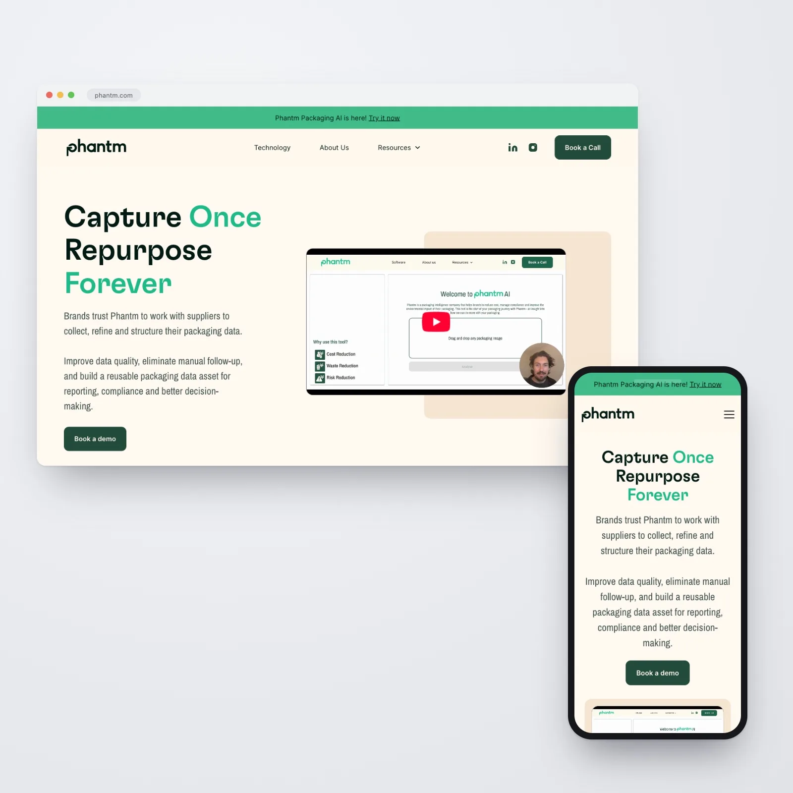 The Phantm website shown together on desktop and mobile — the homepage in a browser window headed "Capture Once, Repurpose Forever" beside the Phantm AI packaging tool, with the responsive mobile homepage on a phone in front.