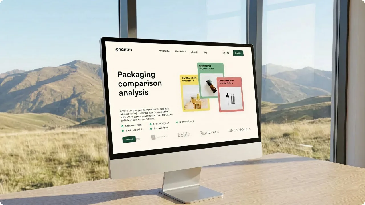The Phantm homepage on an iMac by a sunlit mountain window, showing the Packaging Comparison Analysis page with product-sample cards.