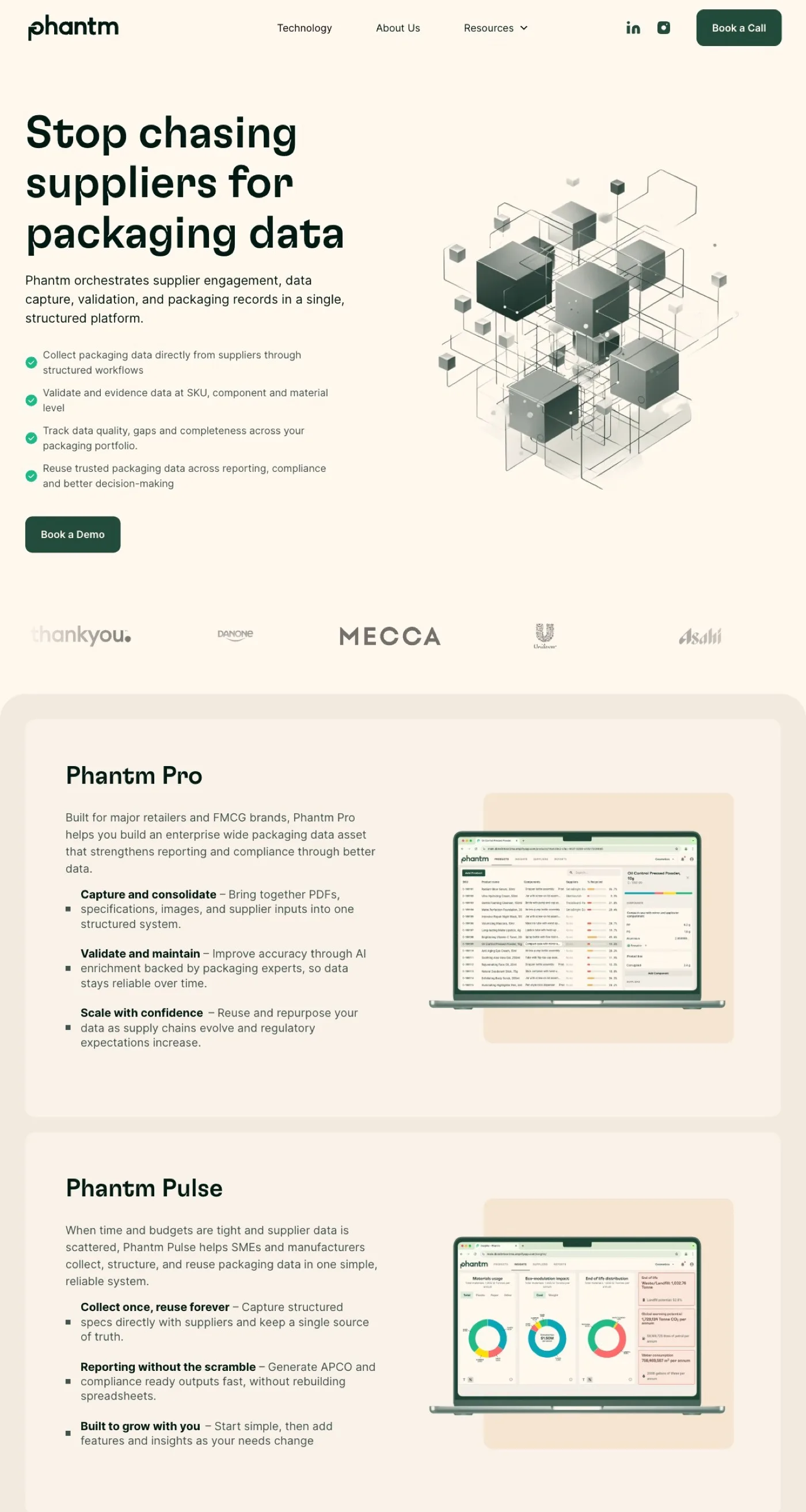 The Phantm packaging software page — the platform that captures, structures and maintains packaging data across teams and suppliers.