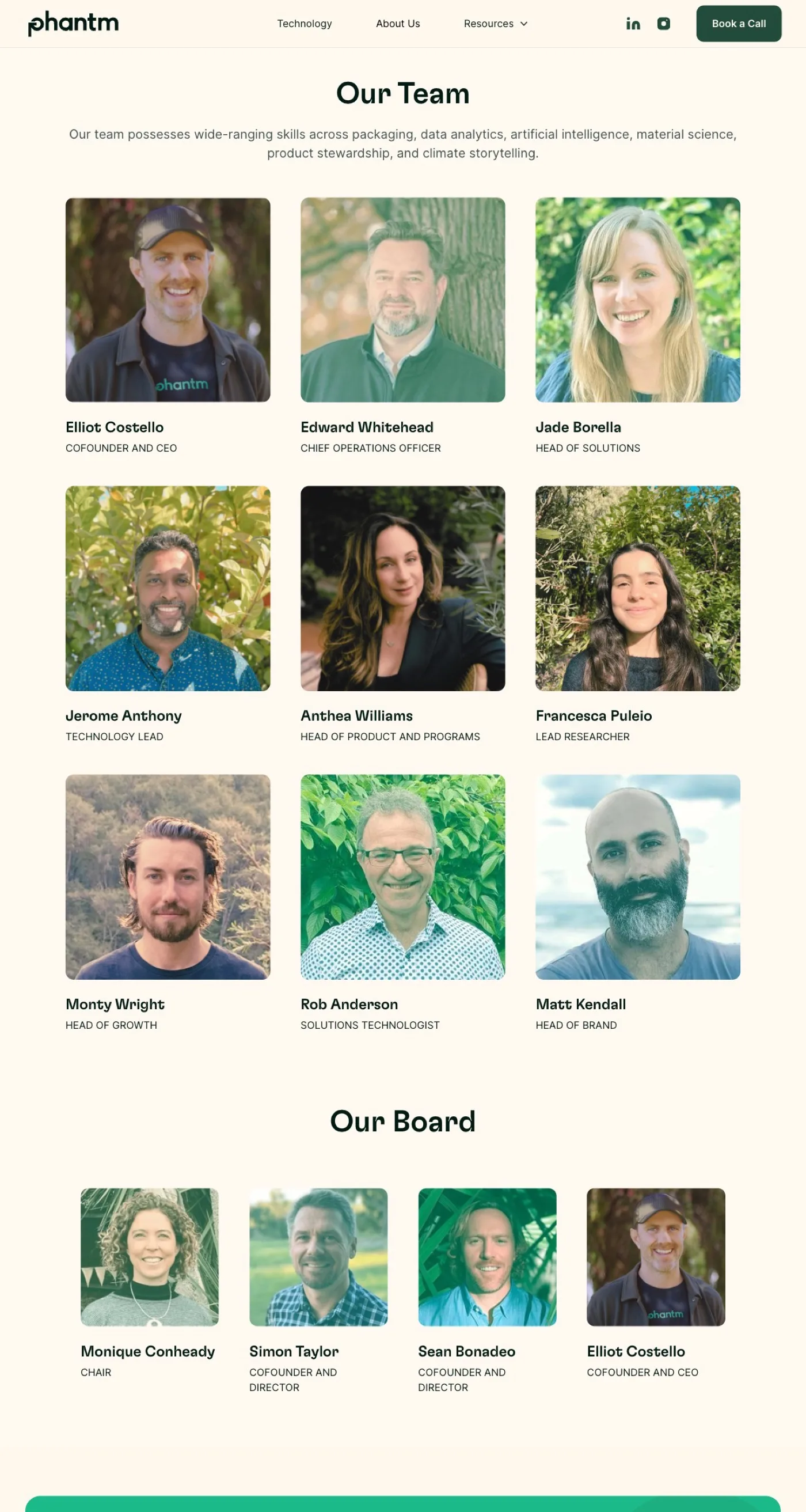 The Phantm About Us page mid-scroll, showing the Our Team section of the sustainable-packaging advisory.
