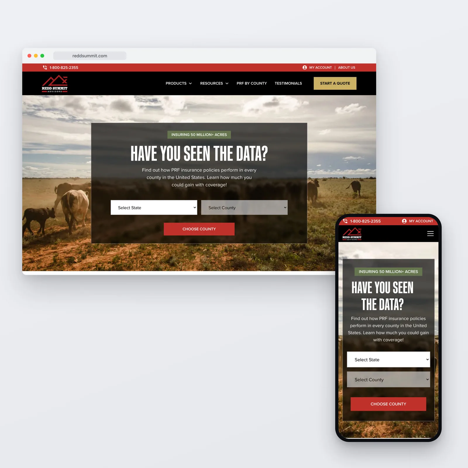 The Redd Summit Advisors homepage shown on a desktop browser and a phone, headed "Have you seen the data?" over a photograph of cattle on rangeland, with state and county selectors and a Choose county action.