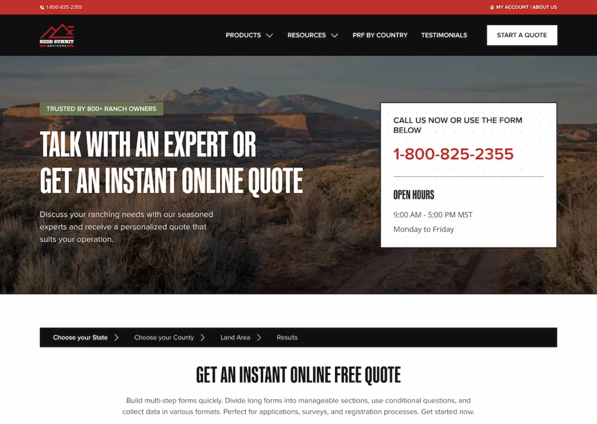 The Redd Summit Advisors homepage in a browser, headed "Talk with an expert or get an instant online quote" over a photograph of high desert rangeland, with a phone number panel and the state, county and land area quote stepper beneath it.