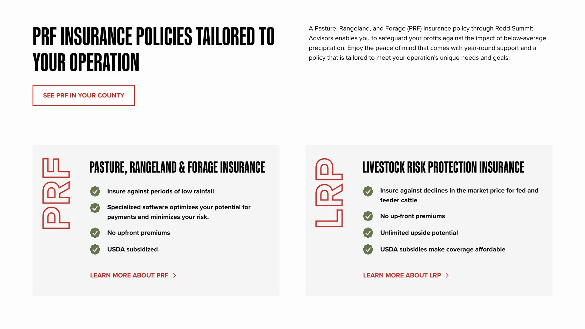 The "PRF insurance policies tailored to your operation" section, with side-by-side cards for pasture, rangeland and forage insurance and for livestock risk protection.