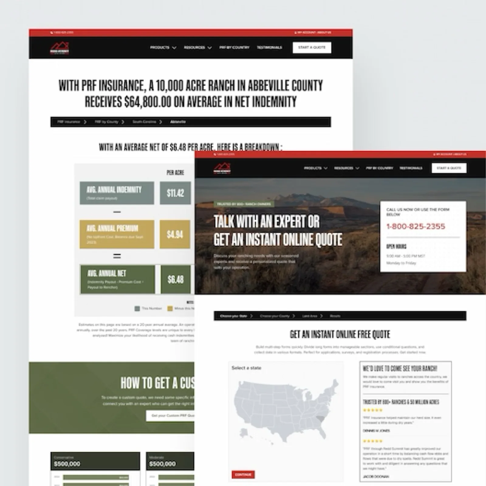Angled composite of further Redd Summit pages showing the county quote comparison layout and the contact and enquiry sections.