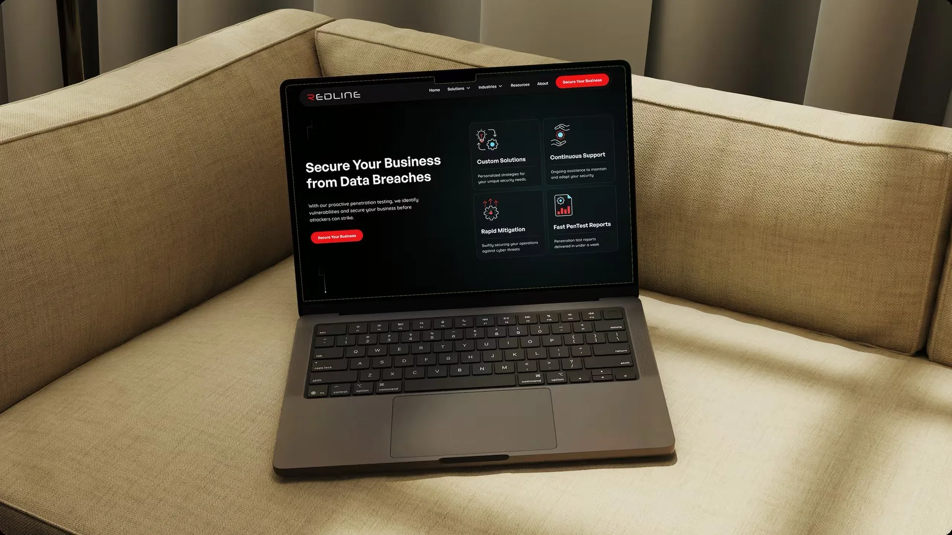 The Redline Cyber Security homepage open on a laptop resting on a linen sofa, its dark hero reading Secure Your Business from Data Breaches beside cards for Custom Solutions, Continuous Support, Rapid Mitigation and Fast PenTest Reports.