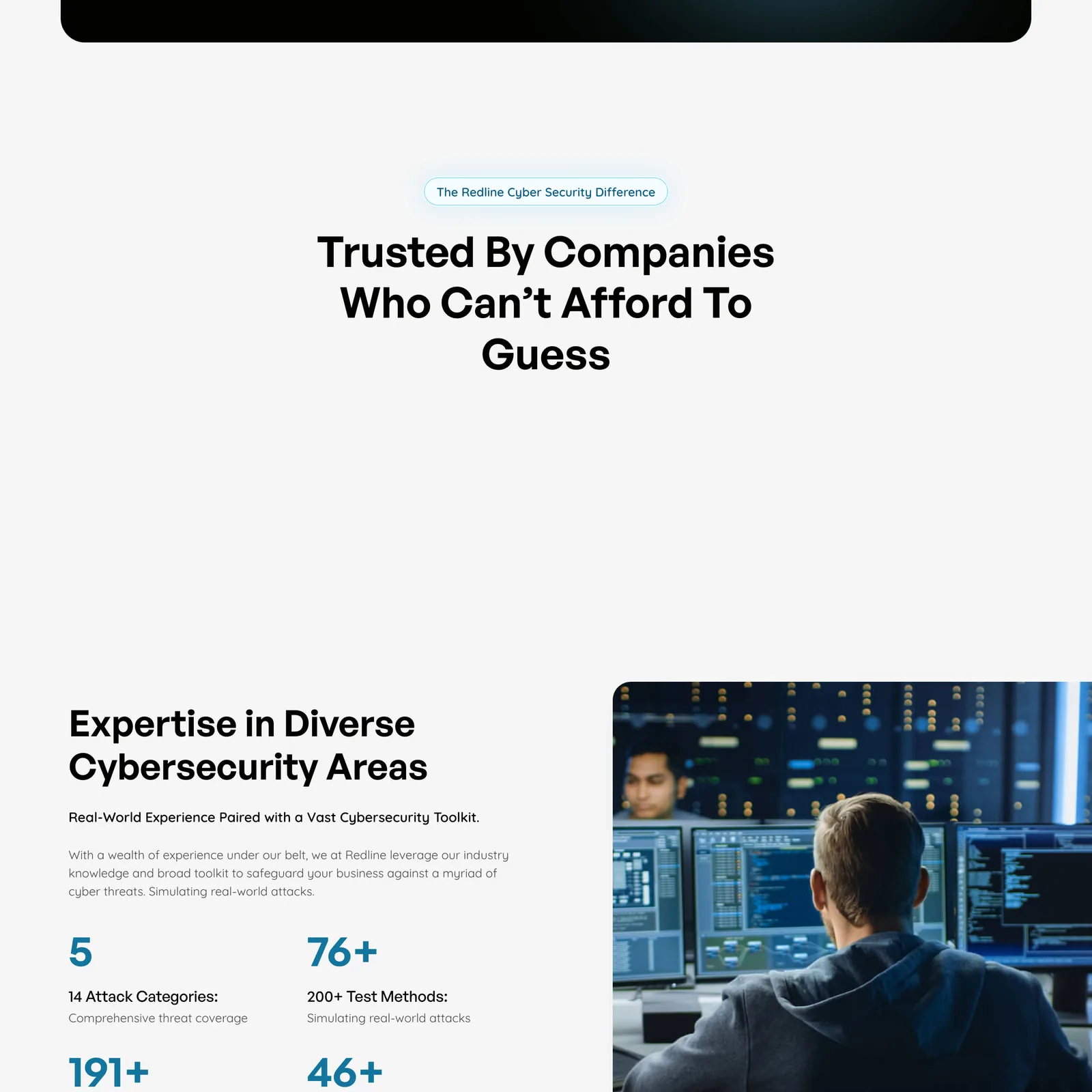 The Trusted By Companies Who Cannot Afford To Guess section of the Redline Cyber Security site, leading into Expertise in Diverse Cybersecurity Areas with attack-category and test-method figures beside a photograph of an analyst at a bank of monitors.