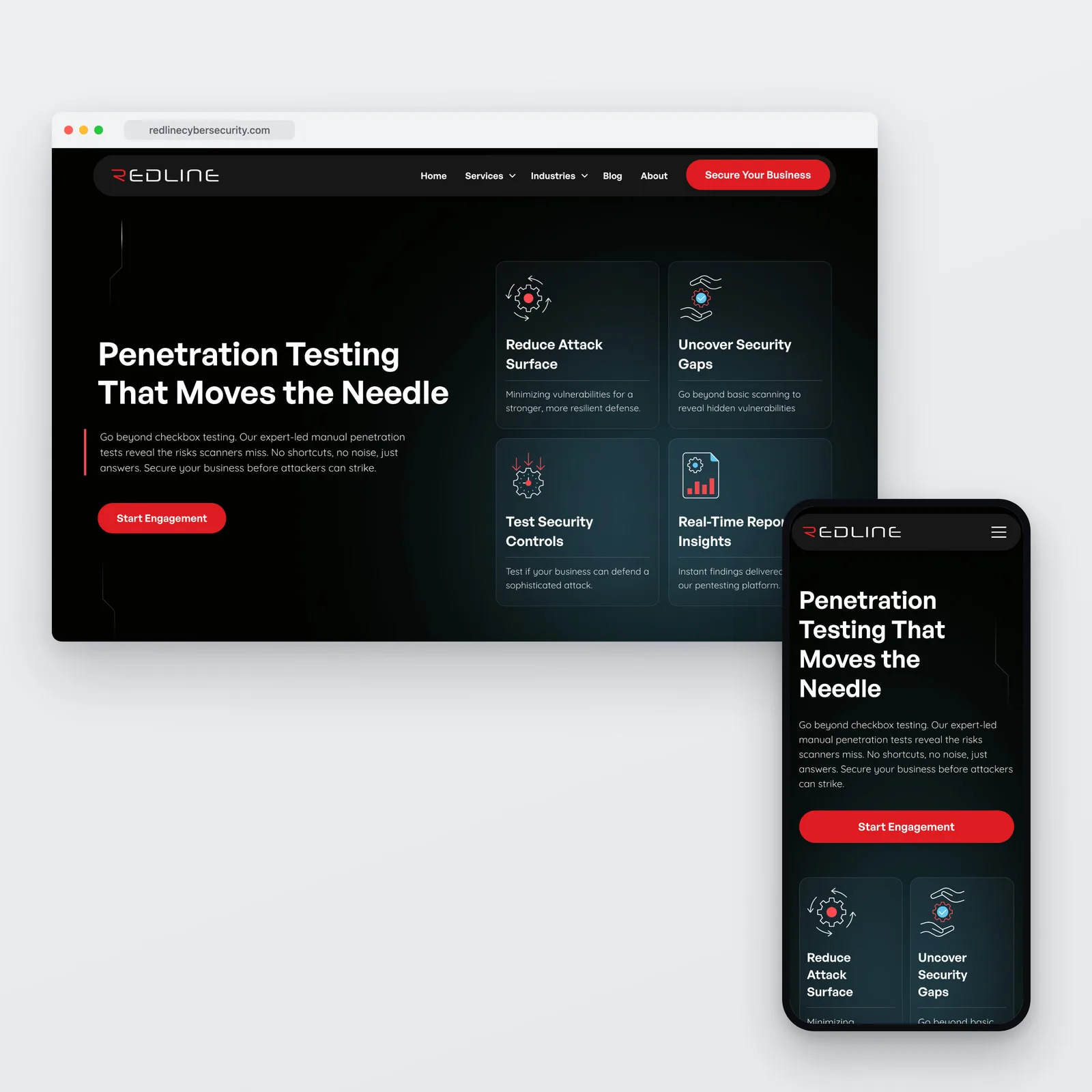 The Redline Cyber Security homepage shown on a desktop browser and a phone, its dark hero reading Penetration Testing That Moves the Needle beside cards for Reduce Attack Surface, Uncover Security Gaps, Test Security Controls and Real-Time Reporting Insights, with a Start Engagement action.