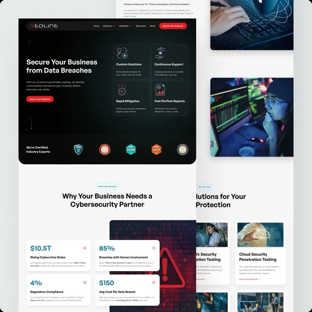 Overlapping boards of the Redline Cyber Security site on a pale ground, the dark homepage hero and certification row layered over the Why Your Business Needs a Cybersecurity Partner statistic cards and the penetration-testing service cards.