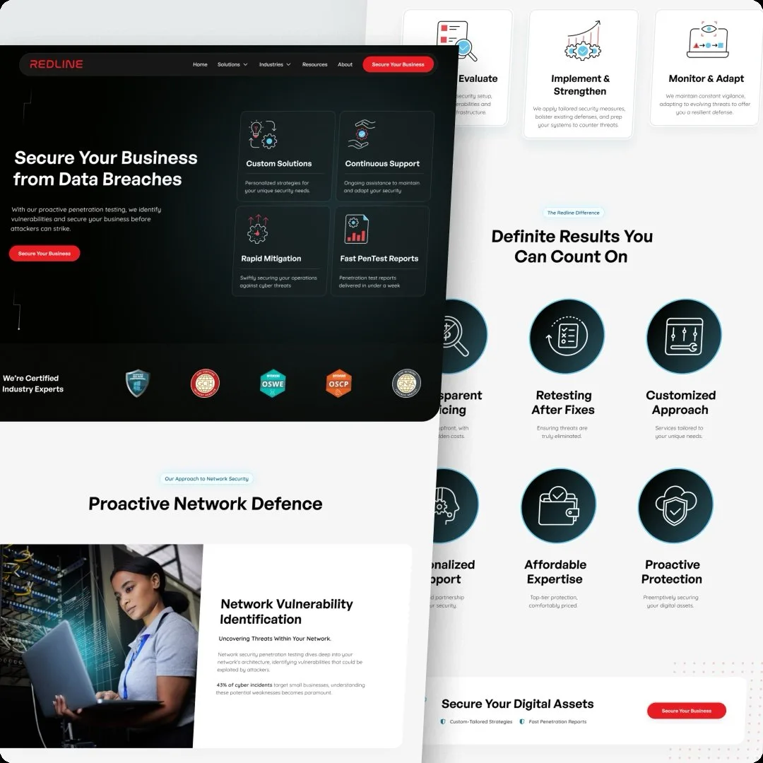 Layered Redline Cyber Security page boards on a pale ground, the dark homepage hero sitting over the three-step Assess and Evaluate, Implement and Strengthen, Monitor and Adapt process and the Definite Results You Can Count On icon grid.