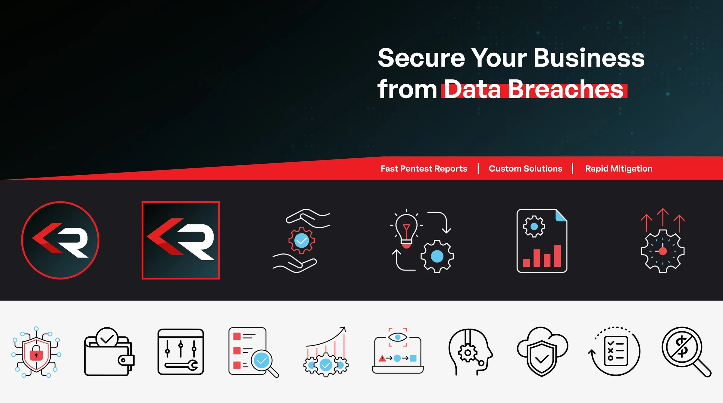 The social media set designed for Redline Cyber Security. Across the top, the LinkedIn personal cover with the headline Secure Your Business from Data Breaches over a red strip reading Fast Pentest Reports, Custom Solutions and Rapid Mitigation. Below it, the circle and square profile pictures that set Redline’s own chevron-and-R mark on a dark gradient tile with a red keyline, beside the 14 custom line icons, many with red and blue accents, among them a shield with a padlock, a gear held between two hands and a report with a bar chart.