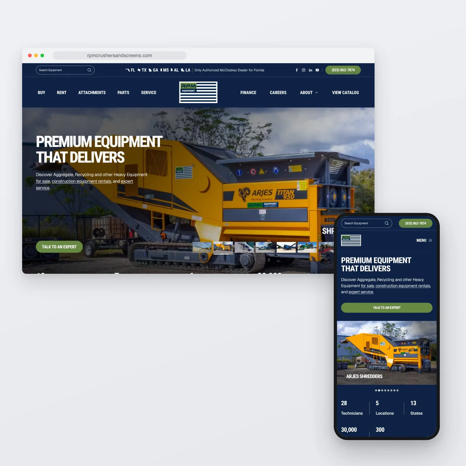 The RPM Crushers and Screens homepage shown on a desktop browser and a phone, headed "Premium Equipment That Delivers" over machinery photography.