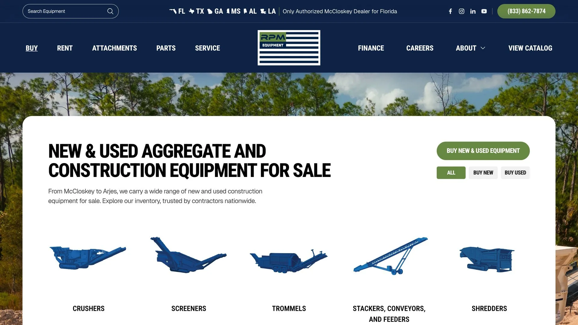 The equipment-for-sale page, with the category picker and dropdown filters over the listing grid.
