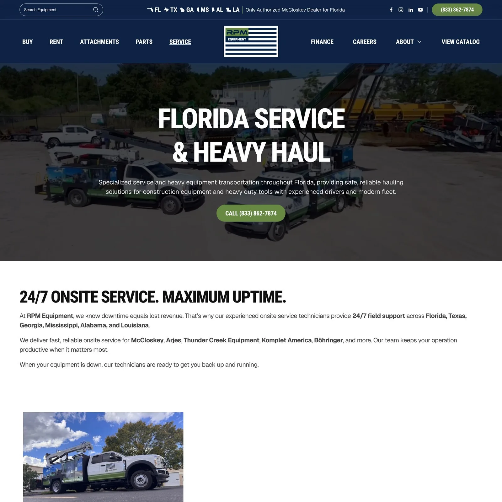 The heavy haul division page, headed "Florida Service & Heavy Haul" with the transport fleet beneath.