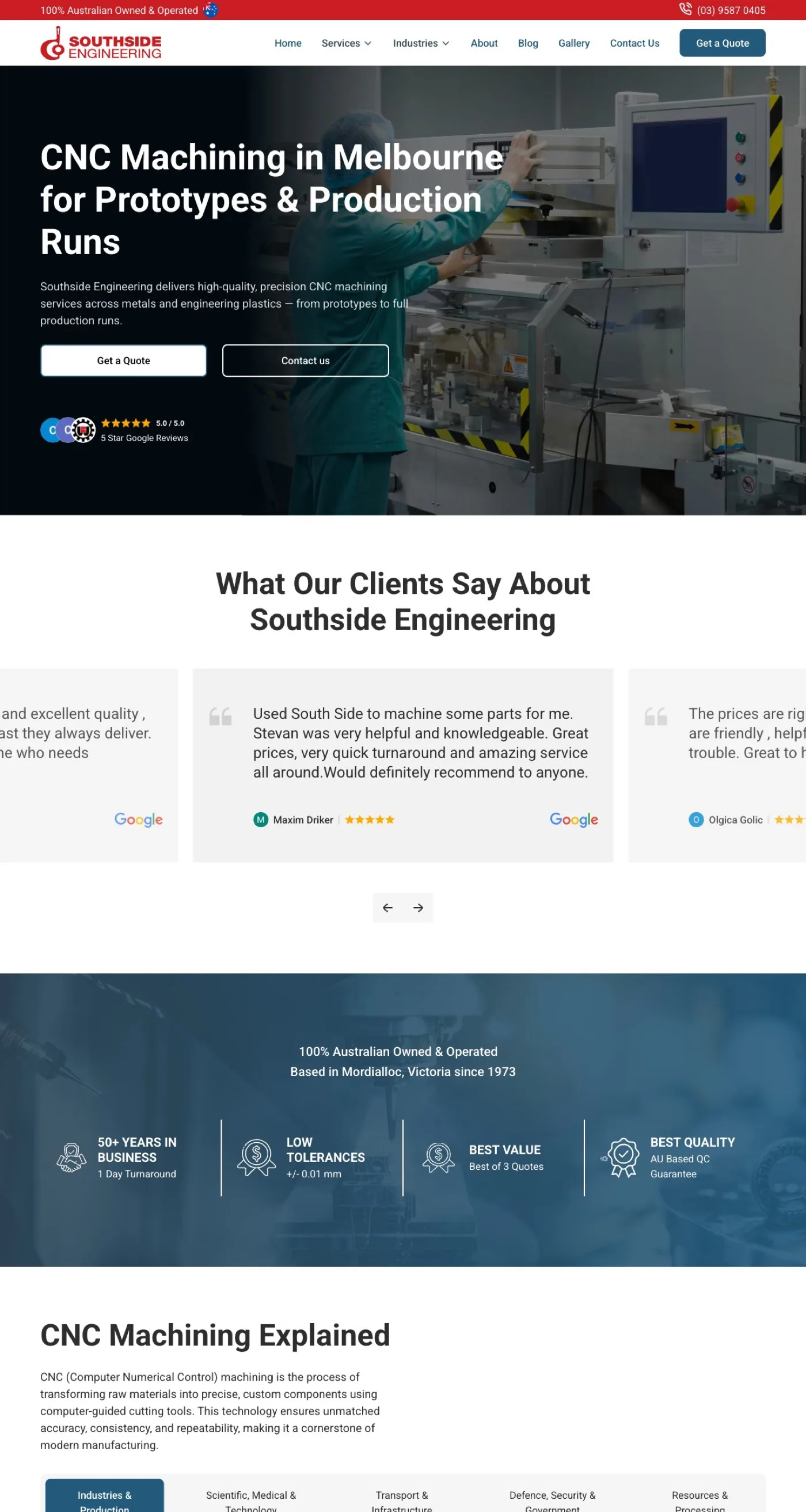 The Southside Engineering CNC Machining service page — a hero reading "CNC Machining in Melbourne for Prototypes & Production Runs" over a photo of a machinist at a CNC control panel.
