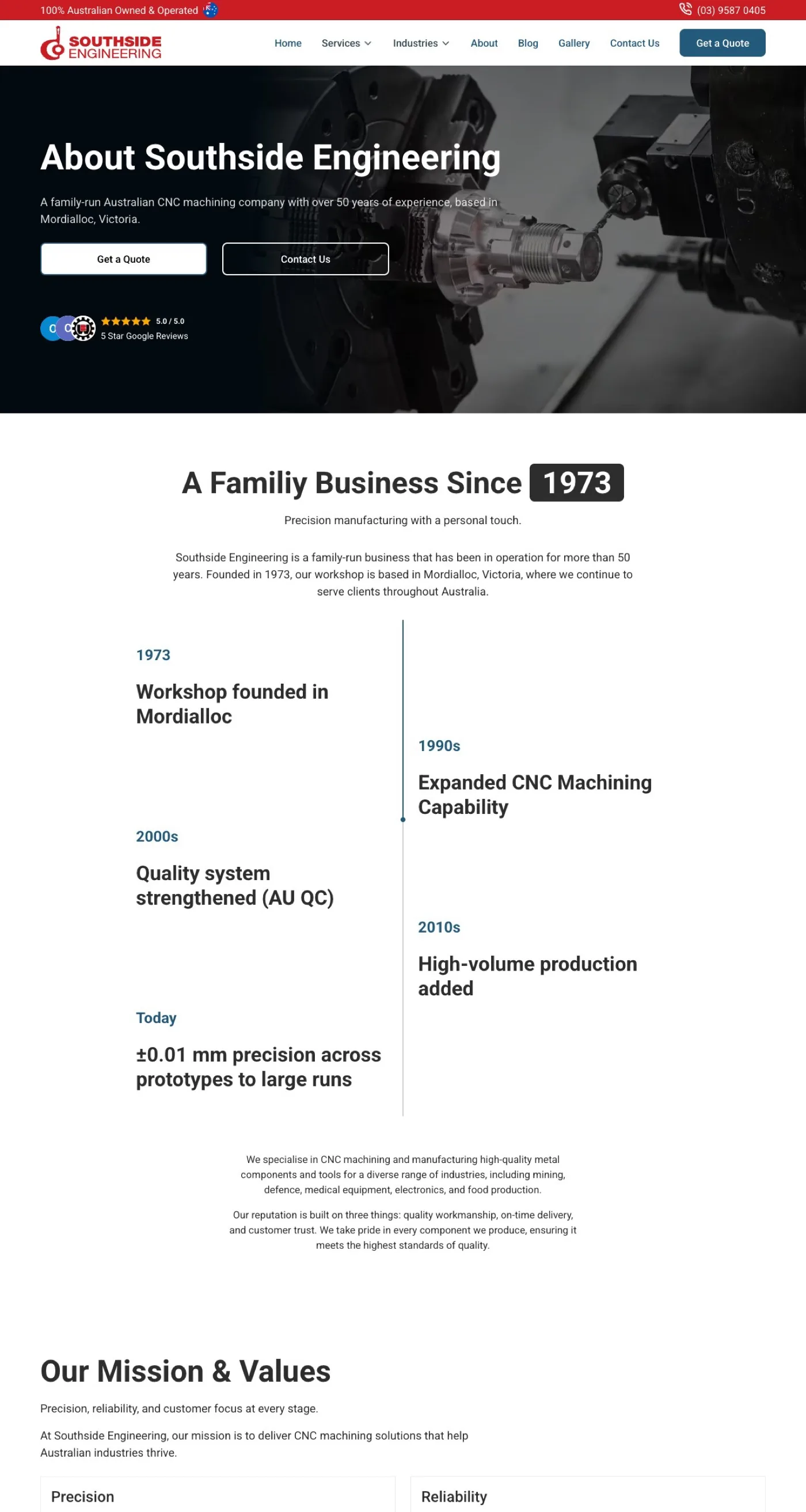 The Southside Engineering About Us page, introducing the Melbourne CNC manufacturer and its workshop.