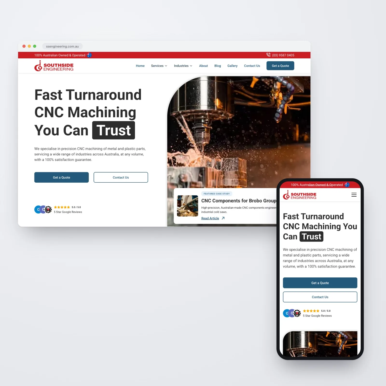The Southside Engineering website shown together on desktop and mobile — the desktop homepage in a browser window headed "Fast Turnaround CNC Machining You Can Trust" beside a photo of a CNC cutter spraying coolant, with the responsive mobile homepage on a phone in front.