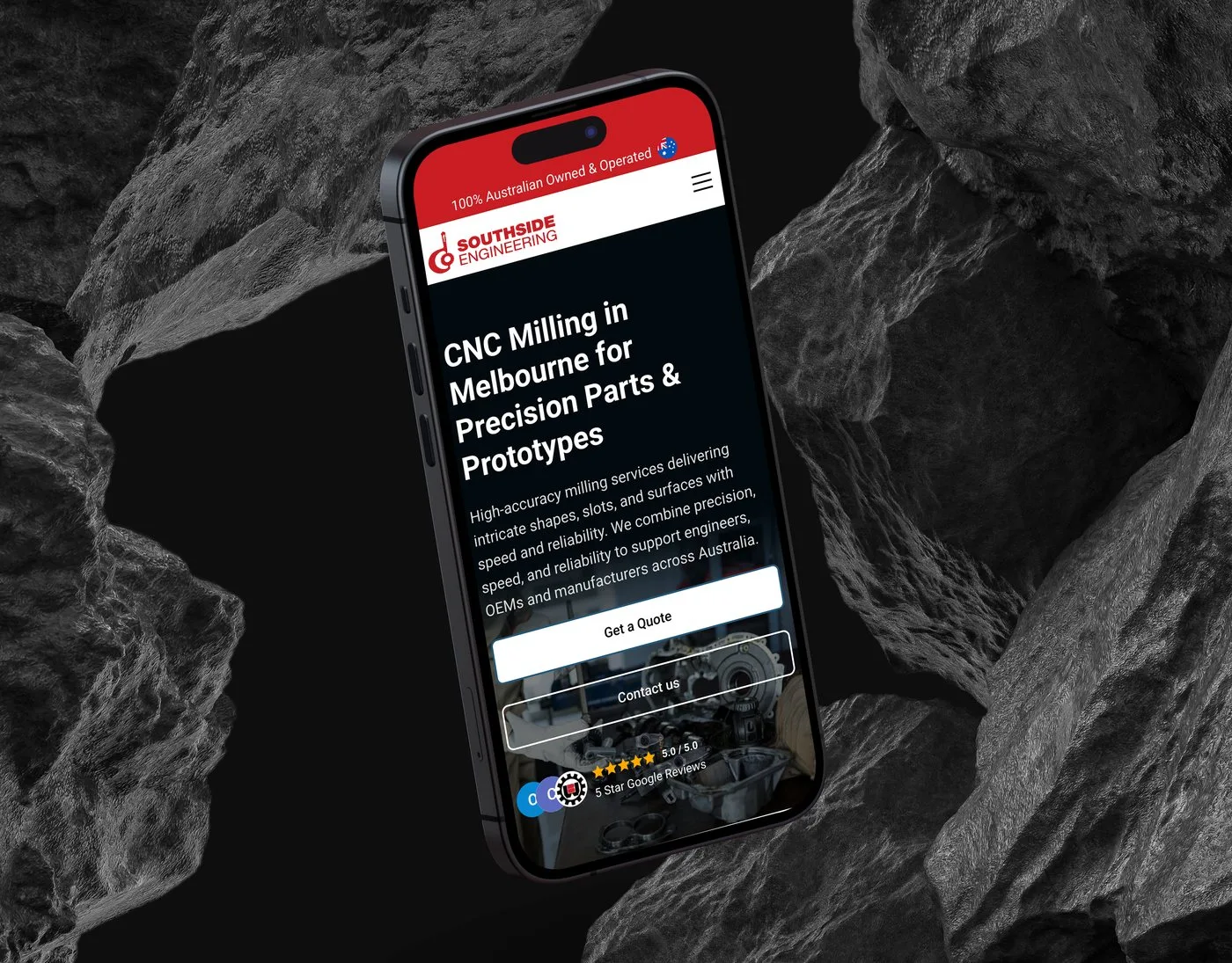 The Southside Engineering CNC Milling service page on an iPhone angled among dark volcanic rocks — "CNC Milling in Melbourne for Precision Parts & Prototypes" above the Get a Quote button.