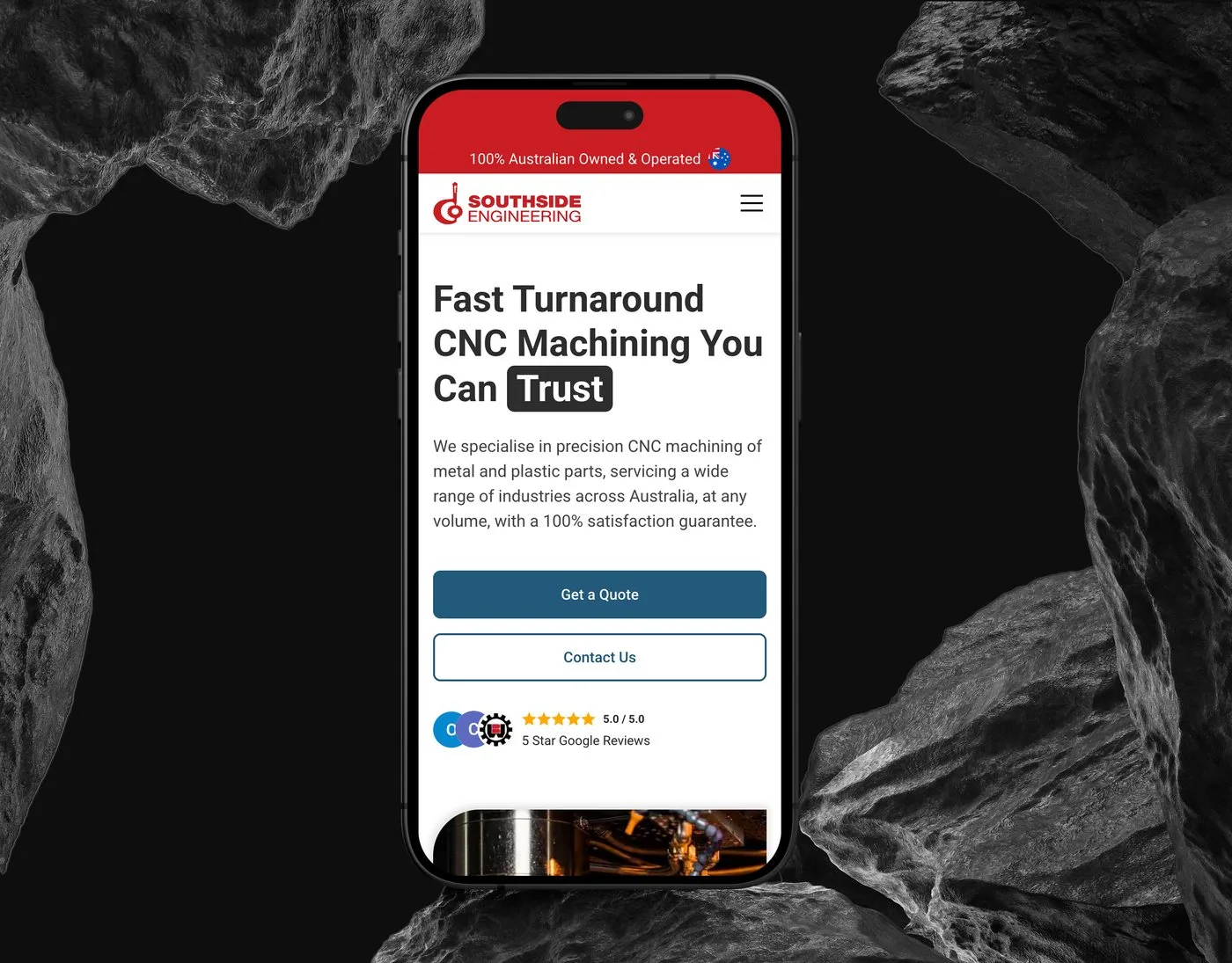 The Southside Engineering mobile homepage on an iPhone set upright between dark rocks — the Fast Turnaround CNC Machining You Can Trust headline above its five-star Google reviews.