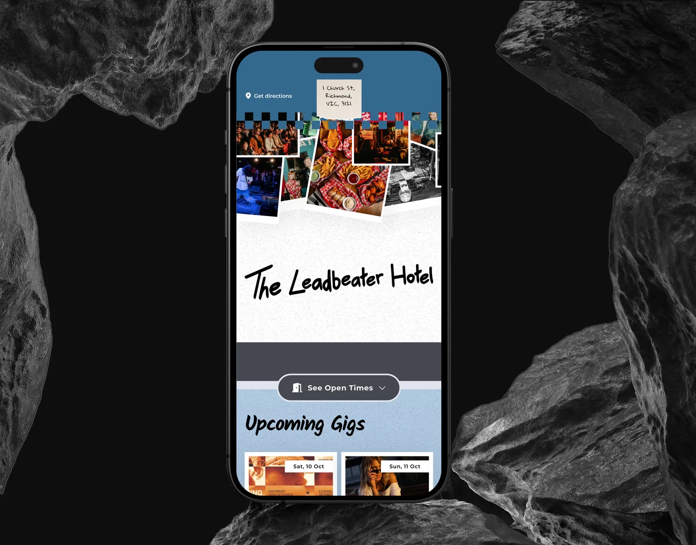 The Leadbeater Hotel mobile homepage on an iPhone set upright between dark rocks: the hand-drawn wordmark below a collage of gig and food photos, with Upcoming Gigs further down.