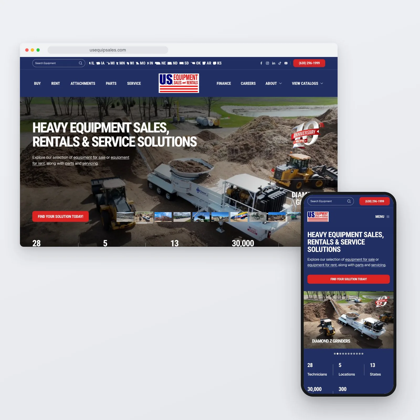 The US Equipment Sales homepage shown on a desktop browser and a phone, headed "Heavy Equipment Sales, Rentals & Service Solutions" over a photograph of crushing machinery.