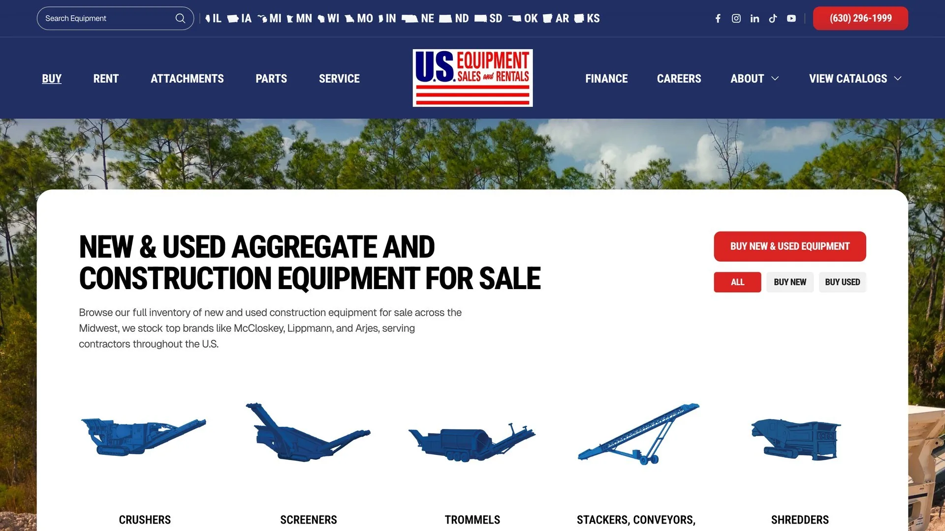 The equipment-for-sale page, with the illustrated category picker and dropdown filters for category, manufacturer and model.