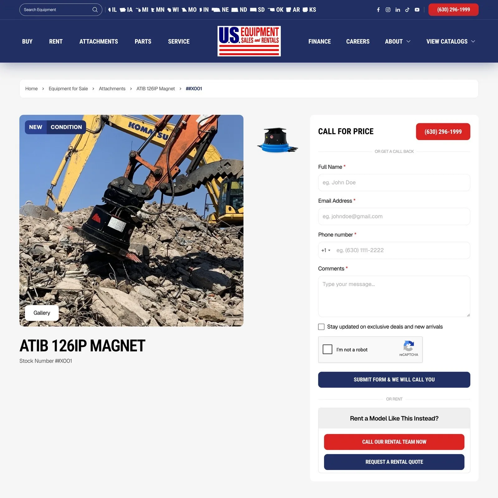 An attachment’s listing page, with its photo gallery beside the call-for-price and enquiry actions.